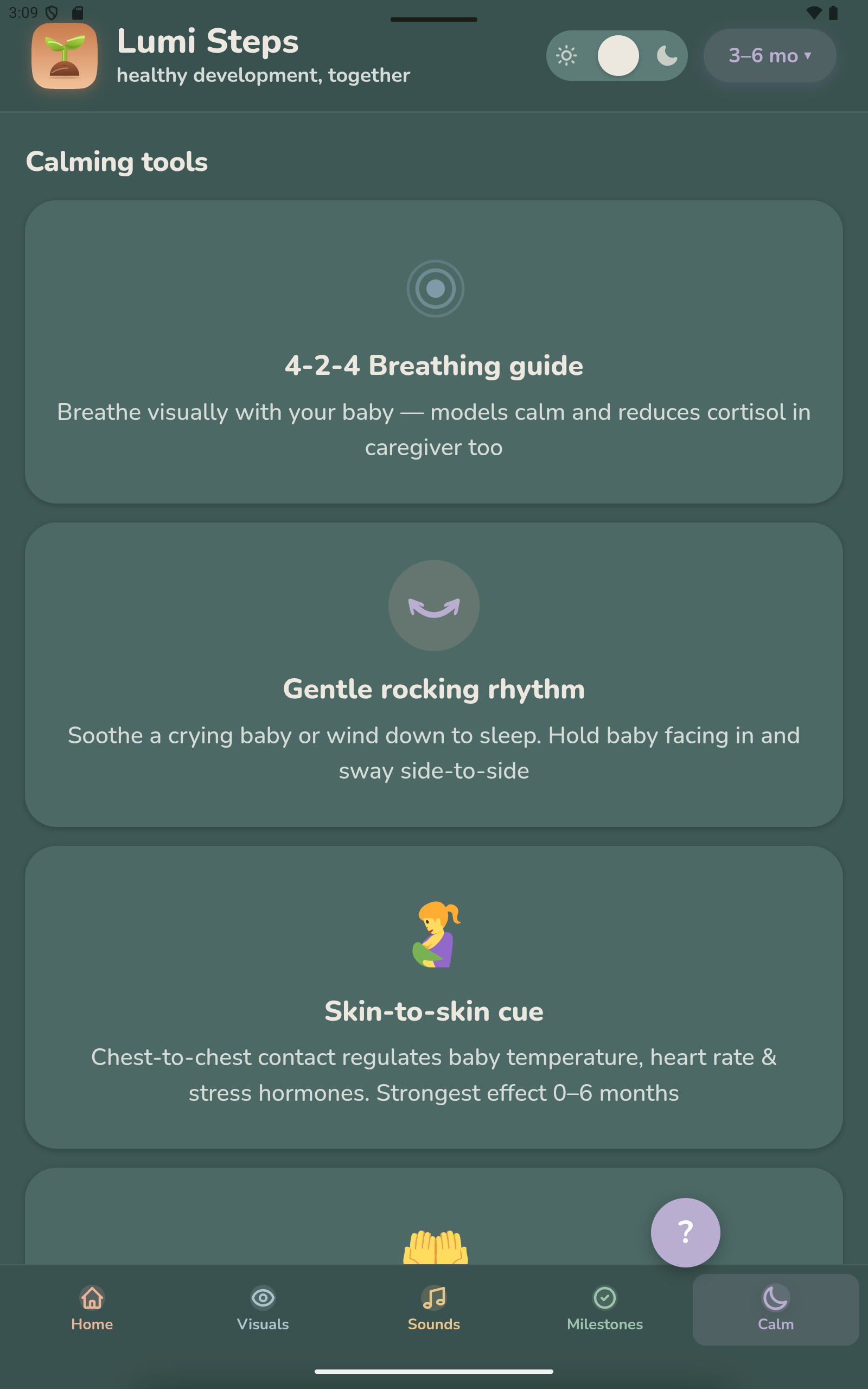 Lumi Steps — Calm tab with 4-2-4 breathing guide, gentle rocking and skin-to-skin cue