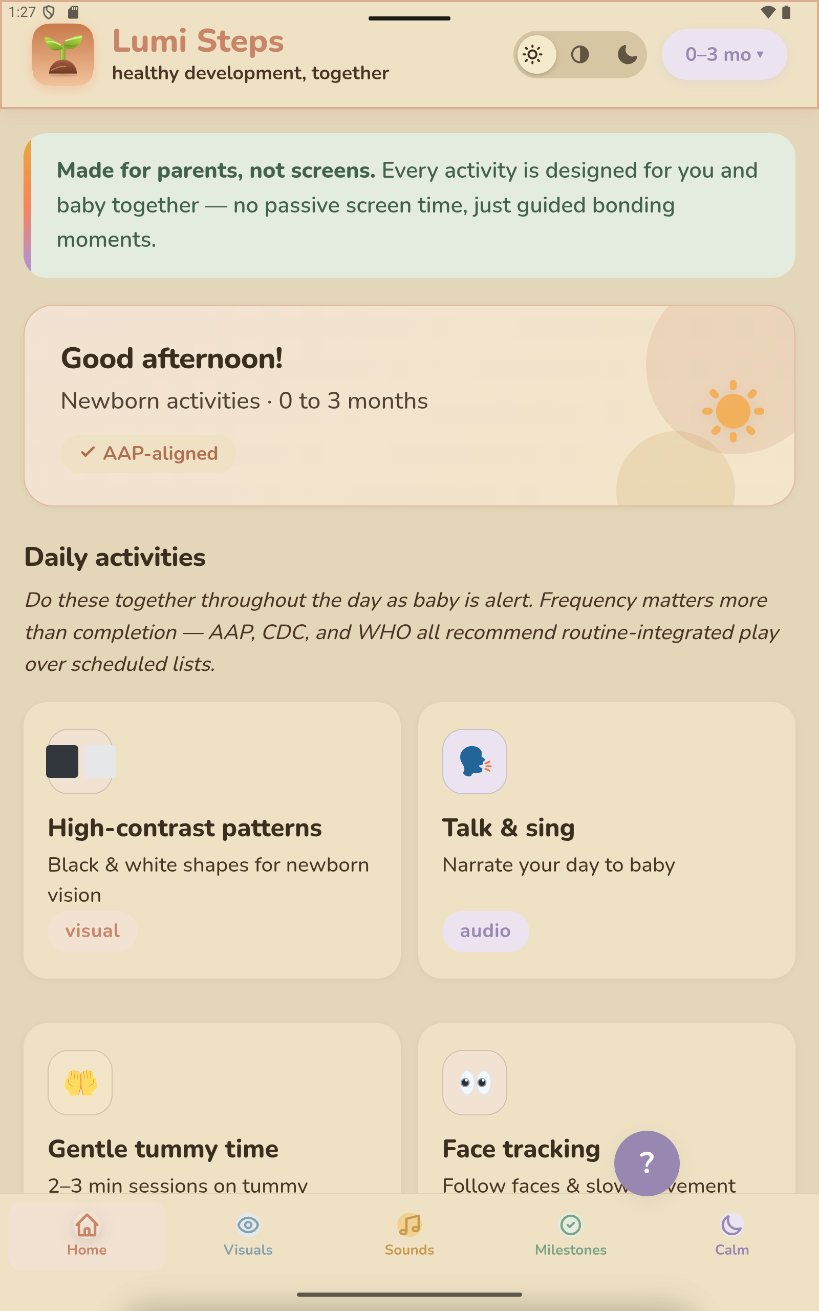 Lumi Steps home screen — newborn activities, made for parents not screens