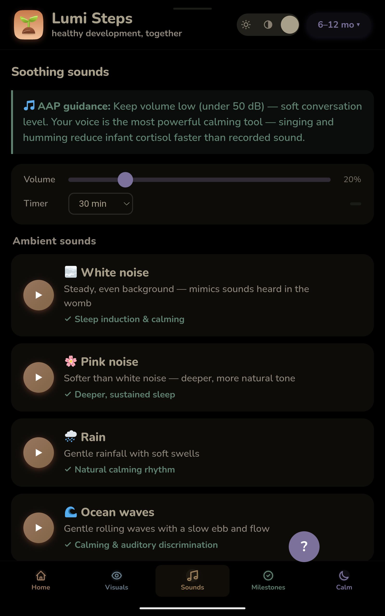 Lumi Steps — Sounds tab with white noise, lullabies and heartbeat tracks